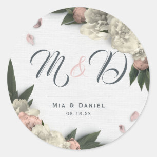 Romantic Peach and White Floral Peonies Classic Round Sticker