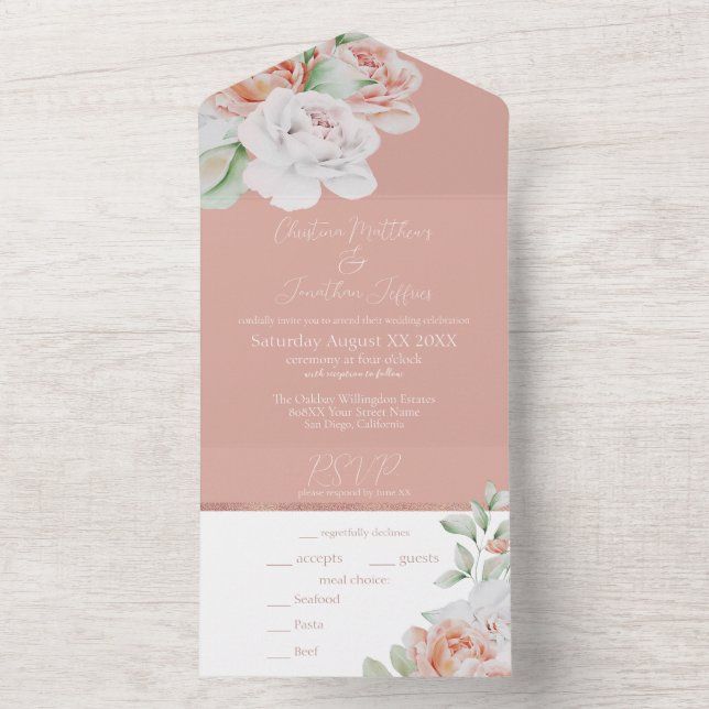 Romantic Peach and White Flowers All In One Invitation (Inside)
