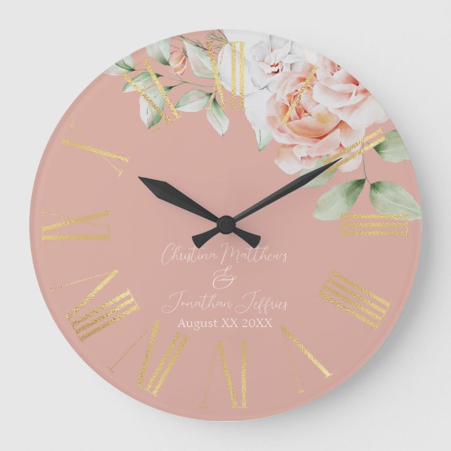 Romantic Peach and White Flowers Wedding Keepsake Large Clock (Front)