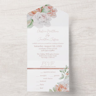 Romantic Peach and White Watercolor Flowers All In One Invitation