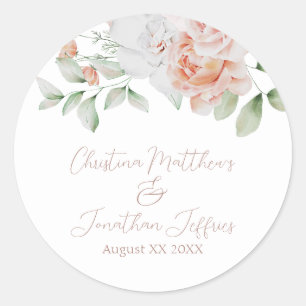 Romantic Peach and White Watercolor Flowers Classic Round Sticker