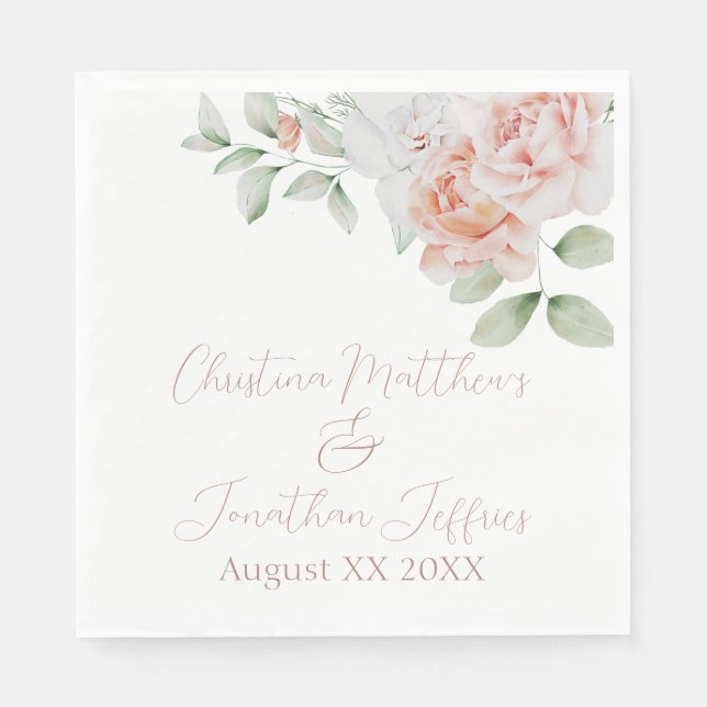 Romantic Peach and White Watercolor Flowers Napkin (Front)