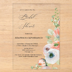 Romantic Peach Coral Floral Bridal Shower Acrylic Invitations