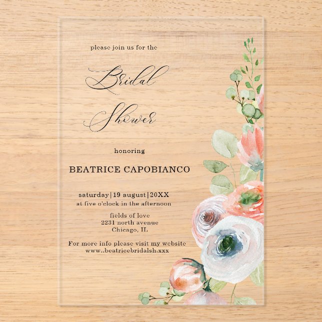 Romantic Peach Coral Floral Bridal Shower  Acrylic Invitations (Front)