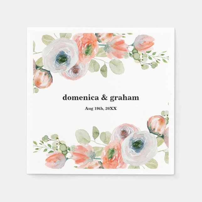 Romantic Peach Coral Floral Wedding  Napkin (Front)