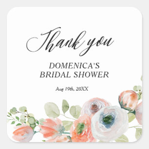 Romantic Peach Floral Bridal Shower Square Sticker
