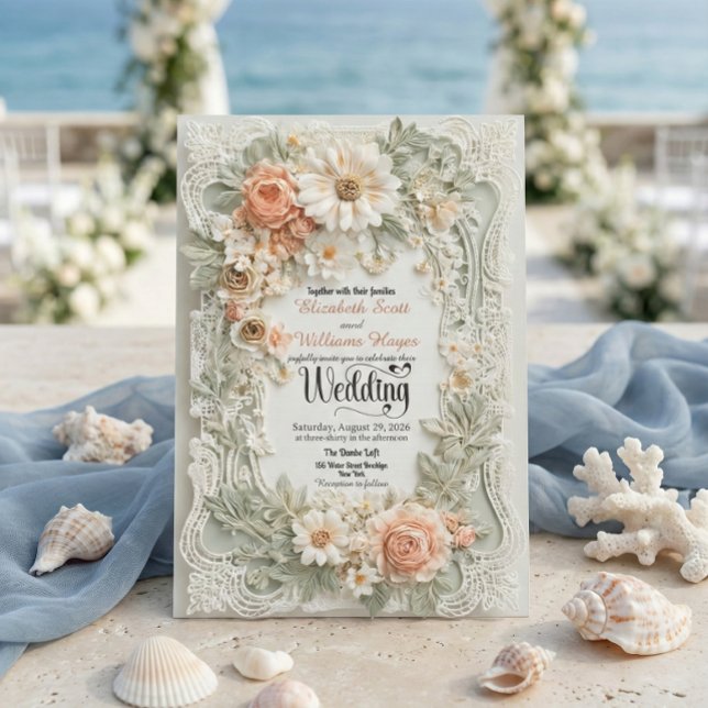 Romantic Peach Floral Faux Embossed Wreath Wedding Invitation (Creator Uploaded)