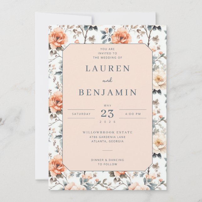 Romantic Peach Floral Invitation (Front)