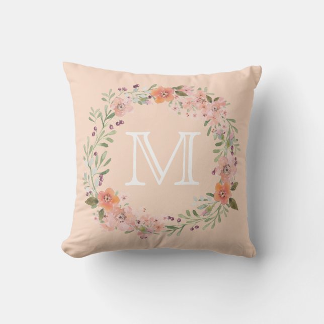 Romantic Peach Floral Monogram Cushion (Front)