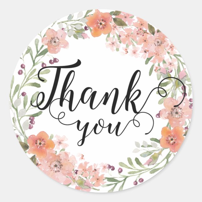 Romantic Peach Floral Thank You Classic Round Sticker (Front)