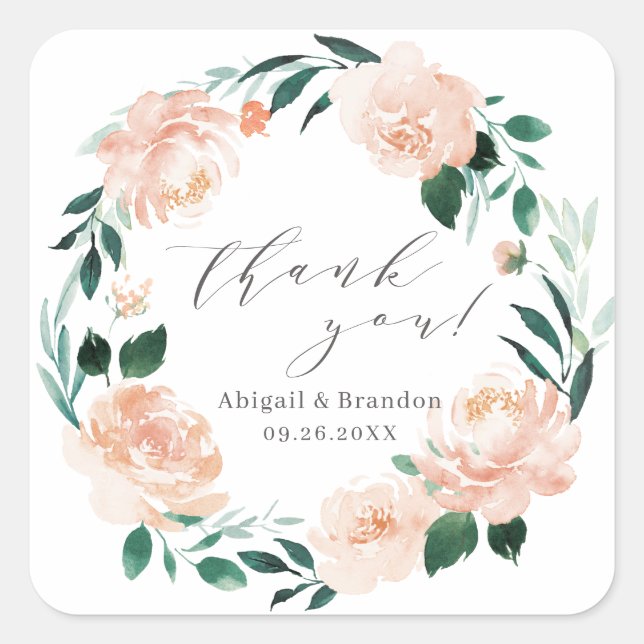 Romantic peach floral thank you wedding square sticker (Front)