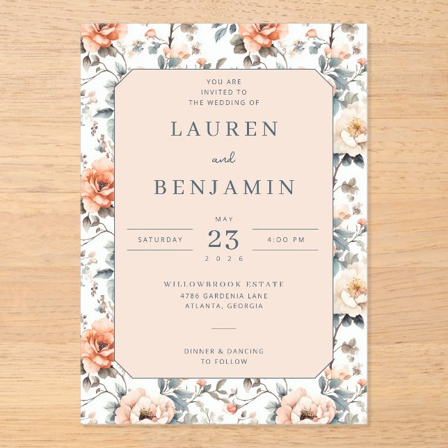 Romantic Peach Floral Wedding Invitation (Front)