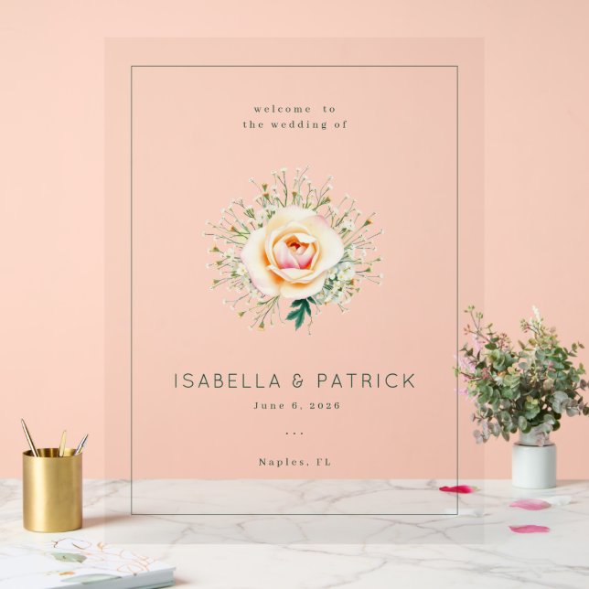 Romantic Peach Floral Wedding Invitation Acrylic Sign (Wedding)