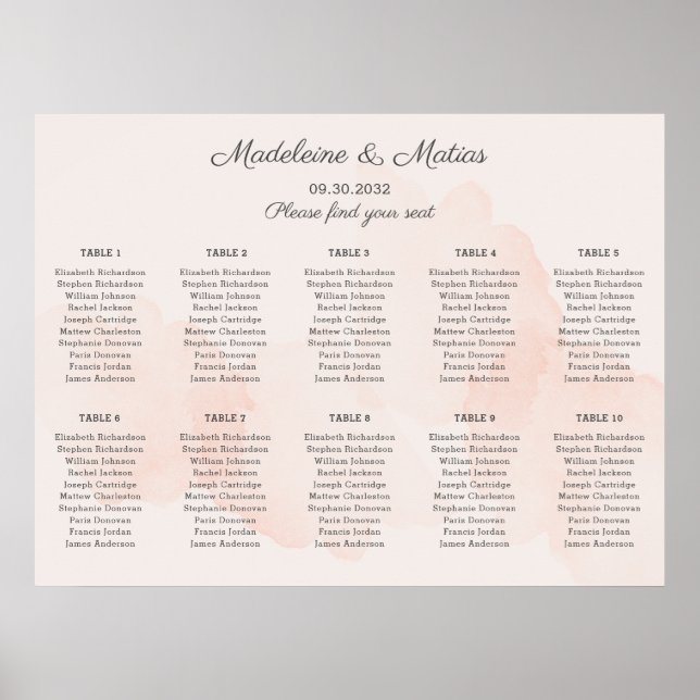 Romantic peach & grey wedding seating chart (Front)