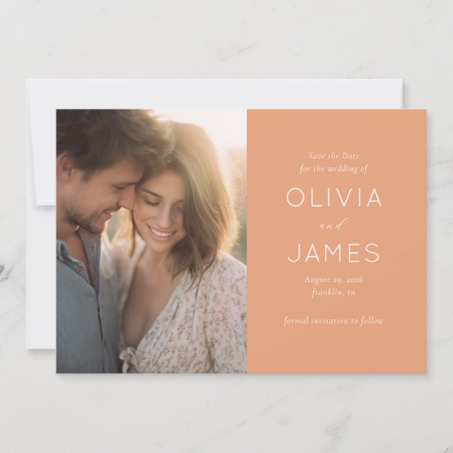 Romantic Peach Minimalist Photo Save The Date (Front)