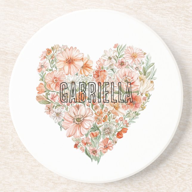 Romantic Peach Mint Floral Heart Coaster (Front)