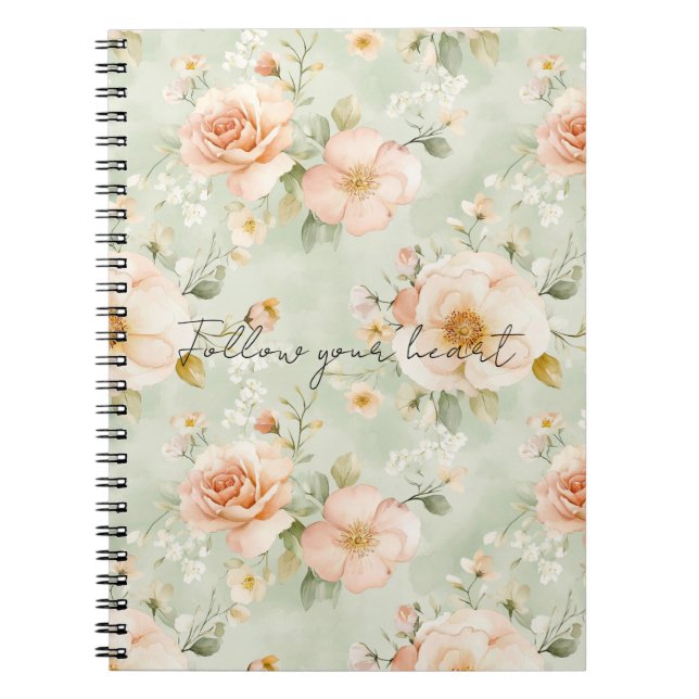 Romantic Peach Mint Pretty Roses Floral Notebook (Front)