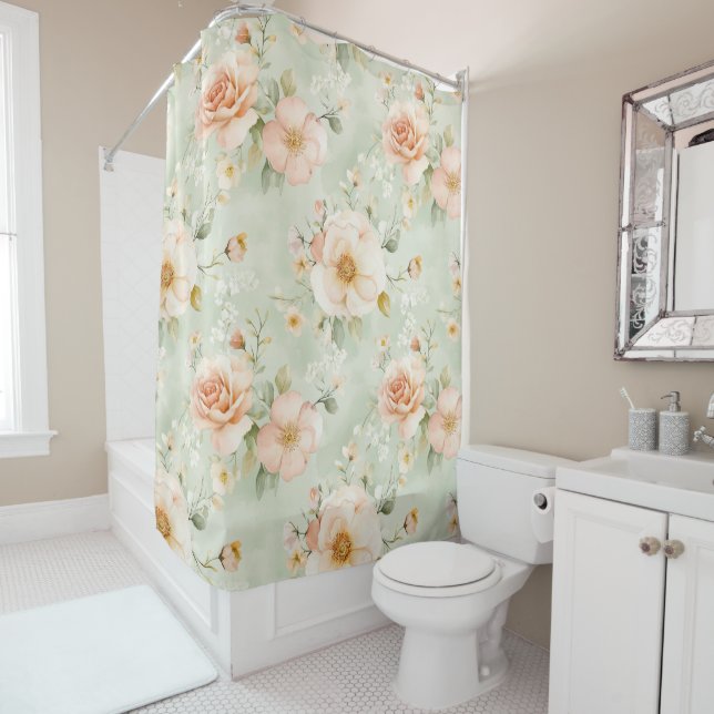Romantic Peach Mint Pretty Roses Floral Shower Curtain (In Situ)