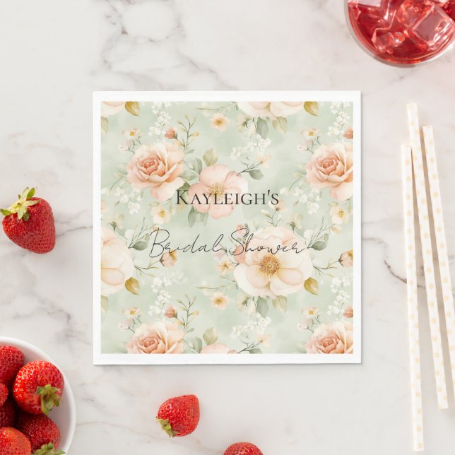 Romantic Peach Mint Roses Floral Bridal Shower Napkin (Insitu)