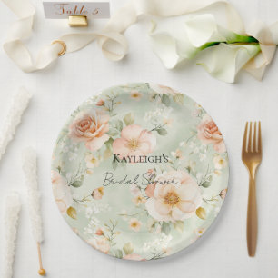 Romantic Peach Mint Roses Floral Bridal Shower Paper Plate