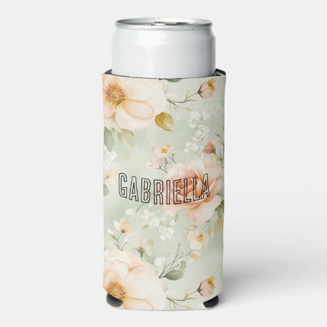 Romantic Peach Mint Roses Floral  Seltzer Can Cooler (Seltzer Front)