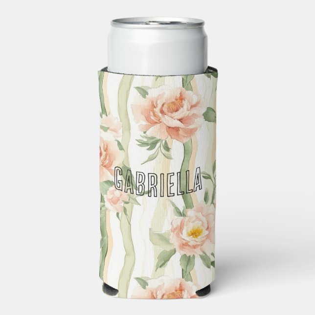 Romantic Peach Mint Roses Floral Seltzer Can Cooler (Seltzer Front)