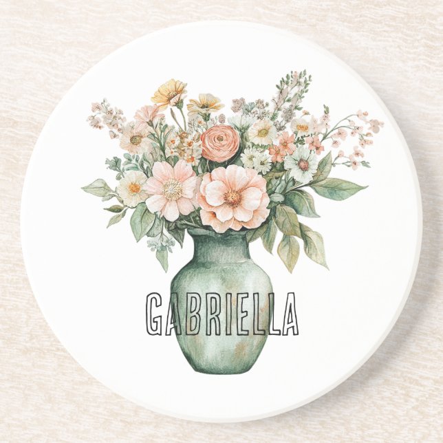 Romantic Peach Mint Roses Floral Vase Coaster (Front)