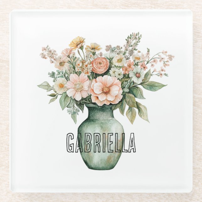 Romantic Peach Mint Roses Floral Vase Glass Coaster (Front)