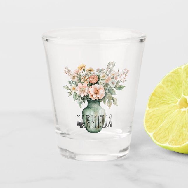 Romantic Peach Mint Roses Floral Vase Shot Glass (Front)