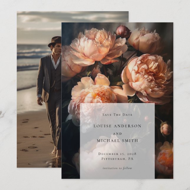 Romantic Peach Pastel Peony Floral Wedding Photo Save The Date (Front/Back)