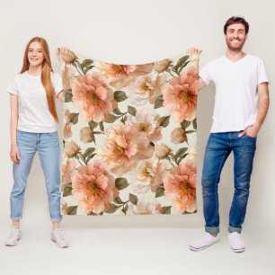Romantic Peach Peony Ivory Floral Pattern Fleece Blanket
