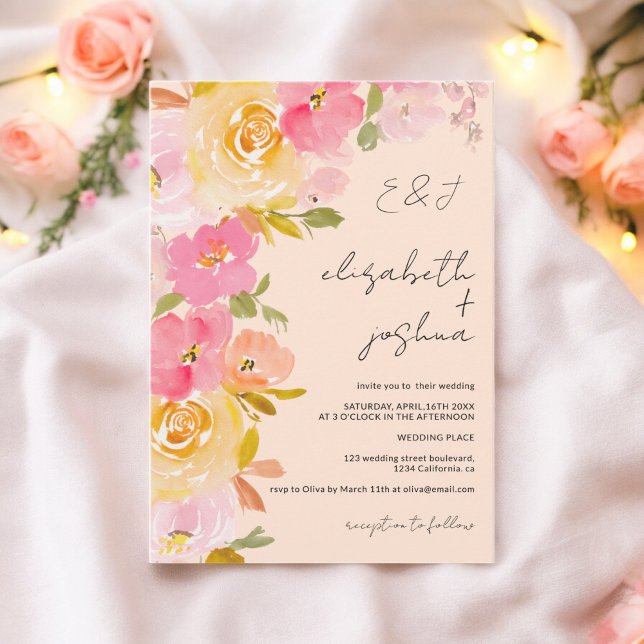 Romantic peach pink yellow floral photo wedding invitation (Romantic peach pink yellow floral photo wedding invitation)