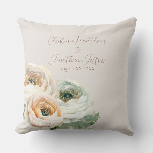 Romantic Peach Ranunculus on Ivory Cushion (Front)