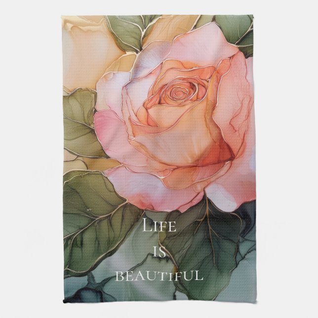 Romantic Peach Rose Floral Bridal Shower Tea Towel (Vertical)