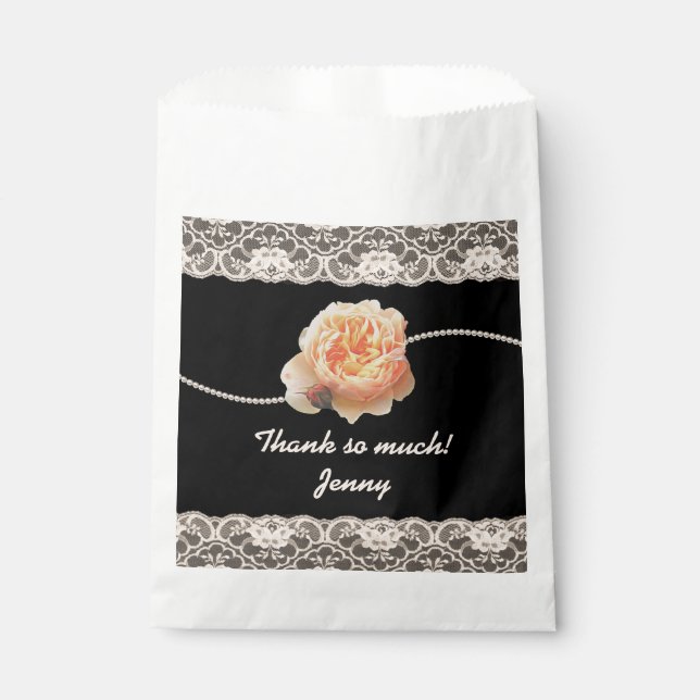Romantic Peach Rose with Faux Lace on Black Favour Bags (Front)