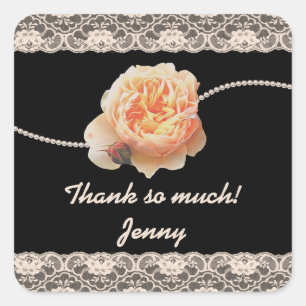 Romantic Peach Rose with Faux Lace on Black Square Sticker