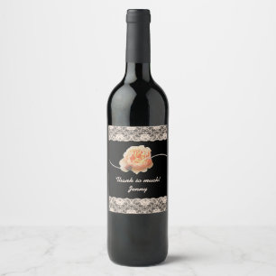 Romantic Peach Rose with Faux Lace on Black Wine L Label