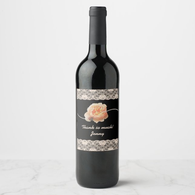 Romantic Peach Rose with Faux Lace on Black Wine L Wine Label (Front)