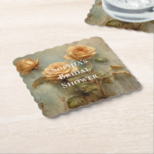 Romantic Peach Roses Floral Bridal Shower Paper Coaster