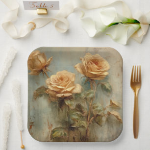 Romantic Peach Roses Floral Bridal Shower Paper Plate