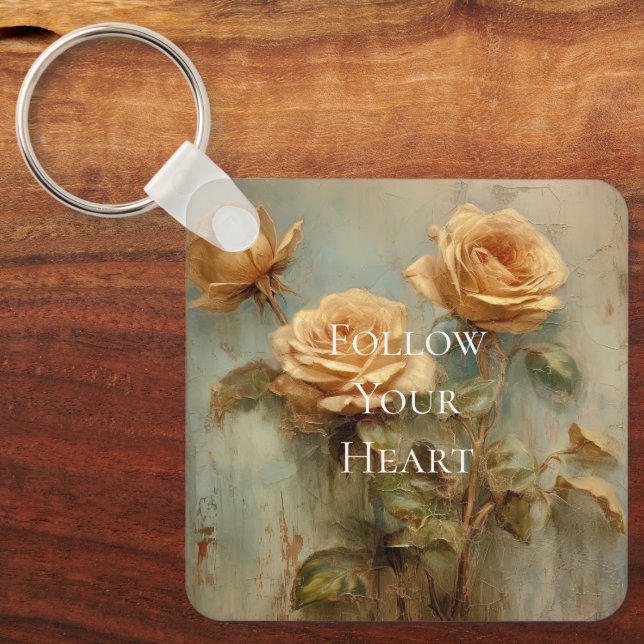 Romantic Peach Roses Floral  Key Ring (Front)