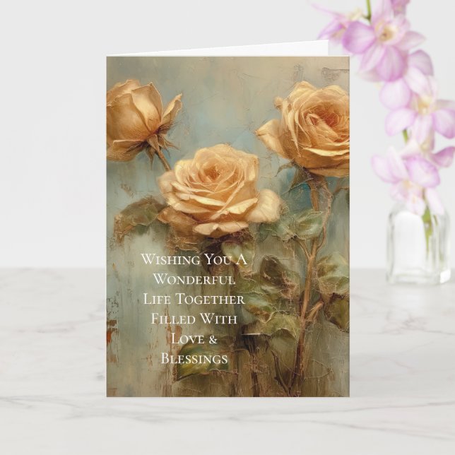 Romantic Peach Roses Floral Wedding Card (Orchid)