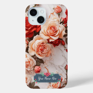 Romantic Peach Roses on Elegant White Marble iPhone 15 Case