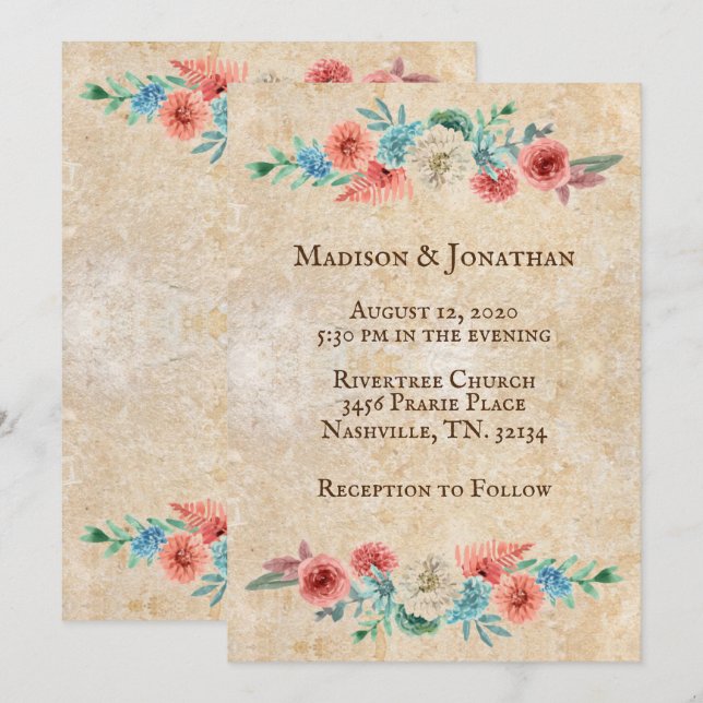 Romantic Peach | Turquoise Floral Wedding Invitation (Front/Back)