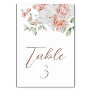 Romantic Peach & White Watercolor Flowers Wedding Table Number