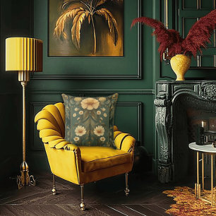 Romantic Peacock Feathers and Daisy Art Nouveau Cushion