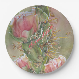 ROMANTIC PEAR CACTUS FLOWER MONOGRAM PARTY PAPER PLATE
