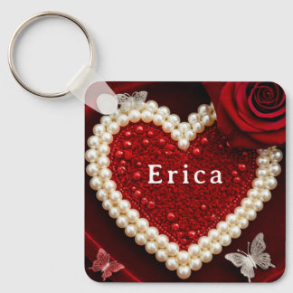 Romantic Pearl Heart Rose Pillow Design ❤️ Key Ring