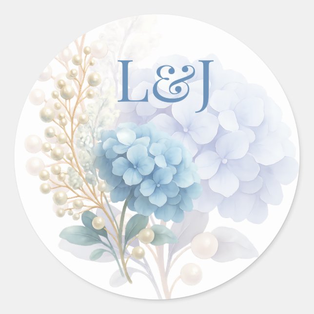 Romantic Pearl Hydrangea Blue Waterercolor Wedding Classic Round Sticker (Front)