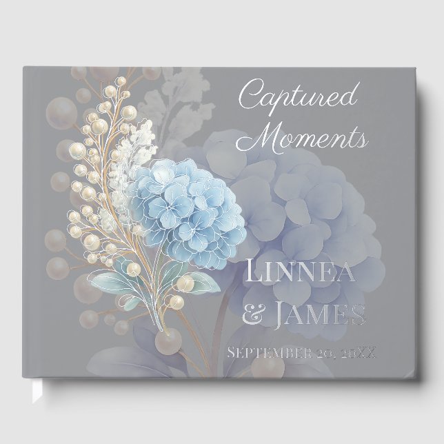 Romantic Pearl Hydrangea Blue Waterercolor Wedding Guest Book (Front)
